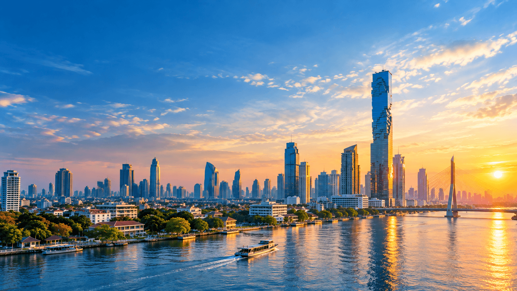 Bangkok skyline along the Chao Phraya River at sunset